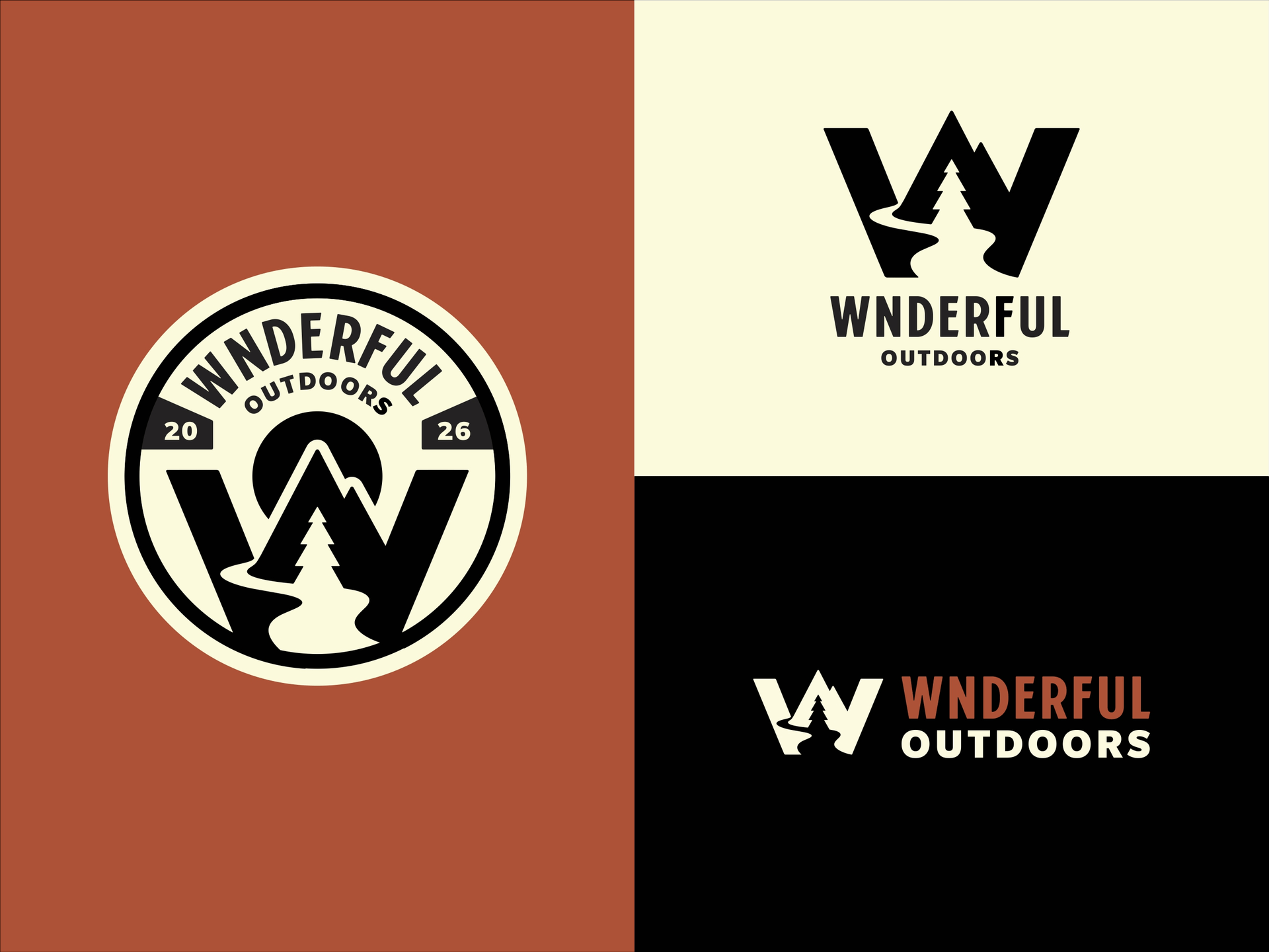 Wnderful Outdoors: Logo preview adventure apparel badge brand identity branding camping design emblem graphic design hiking illustration logo logo design monogram mountain nature outdoor vector vintage visual identity