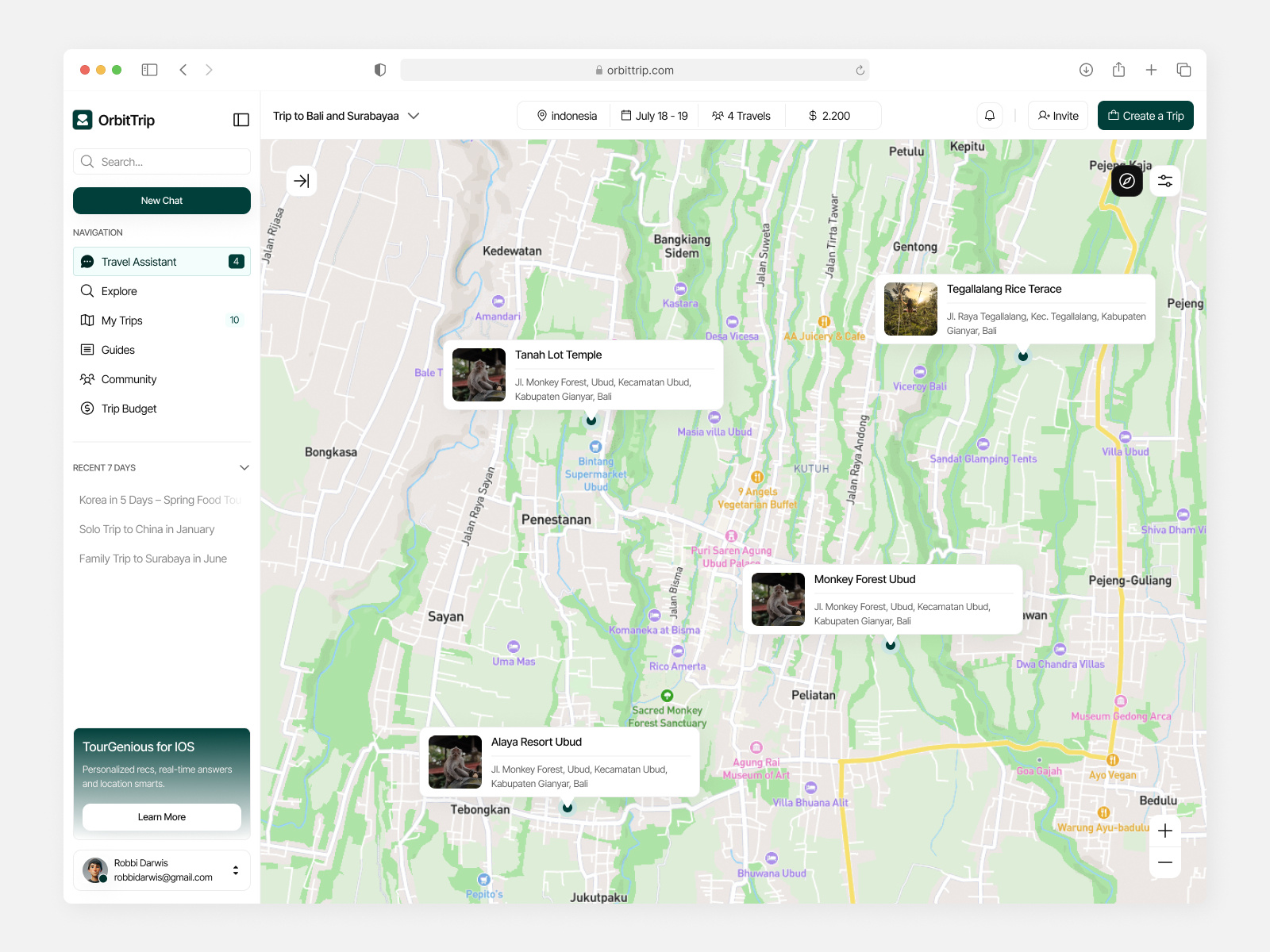 Example of OrbitTrip – AI for Trip Planner (Map View & Homepage)