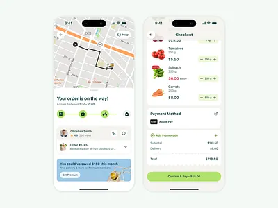 Fresh Grocery Delivery Mobile App Design app design checkout flow clean ui delivery delivery app ecommerce app ecommerce design food delivery grocery app grocery delivery ios app map mobile app mobile ui order tracking product design ui design uiux ux design wizard