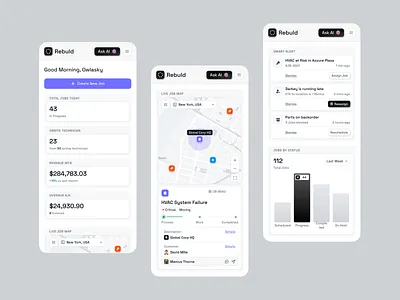 Rebuld - AI Job Management Dashboard Mobile Responsive ai management b2b clean components dashboard job management tool live tracking management tool minimalist mobile breakpoints mobile responsive modern product design project management dashboard saas startup ui design web app workforce management