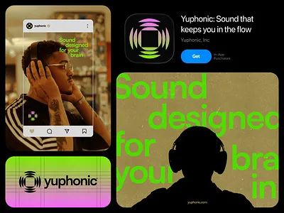 Yuphonic • Branding Exploration acid beige bento box branding composition design graphic design green ios kitsch mobile pink presentation typography