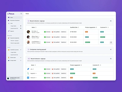 Pocus 🔮 - Inbox animated ui companies list companies saas inbox motion graphics motion saas motion ui product design product led sales prospects prospects list saas dashboard saas spreadsheet saas tables sales platform sales tool semiflat tables ui web app ui