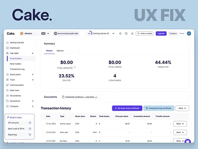 Cake Equity Shareholder UX Redesign app redesign best ux design agency cake equity dashboard design dashboard redesign equity management interaction design product design product design agency redesign saas saas redesign ui design ux design ux fix ux optimization ux redesign web app design