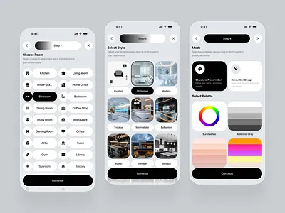 AI-Powered Interior Design App — Room Style Selection Flow ai app ai assistant app ai companion ai home design app decor app design figma home decor home design app home planner interior app interior design ios mobile app roometric smart home smart house ui web