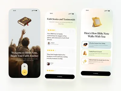 Bible Note Mobile App Onboarding app bible app bible journal bible note app christian app dailydevotional design devotional faith app ios journaling mobile app note app notes onboarding prayer app startup app ui web