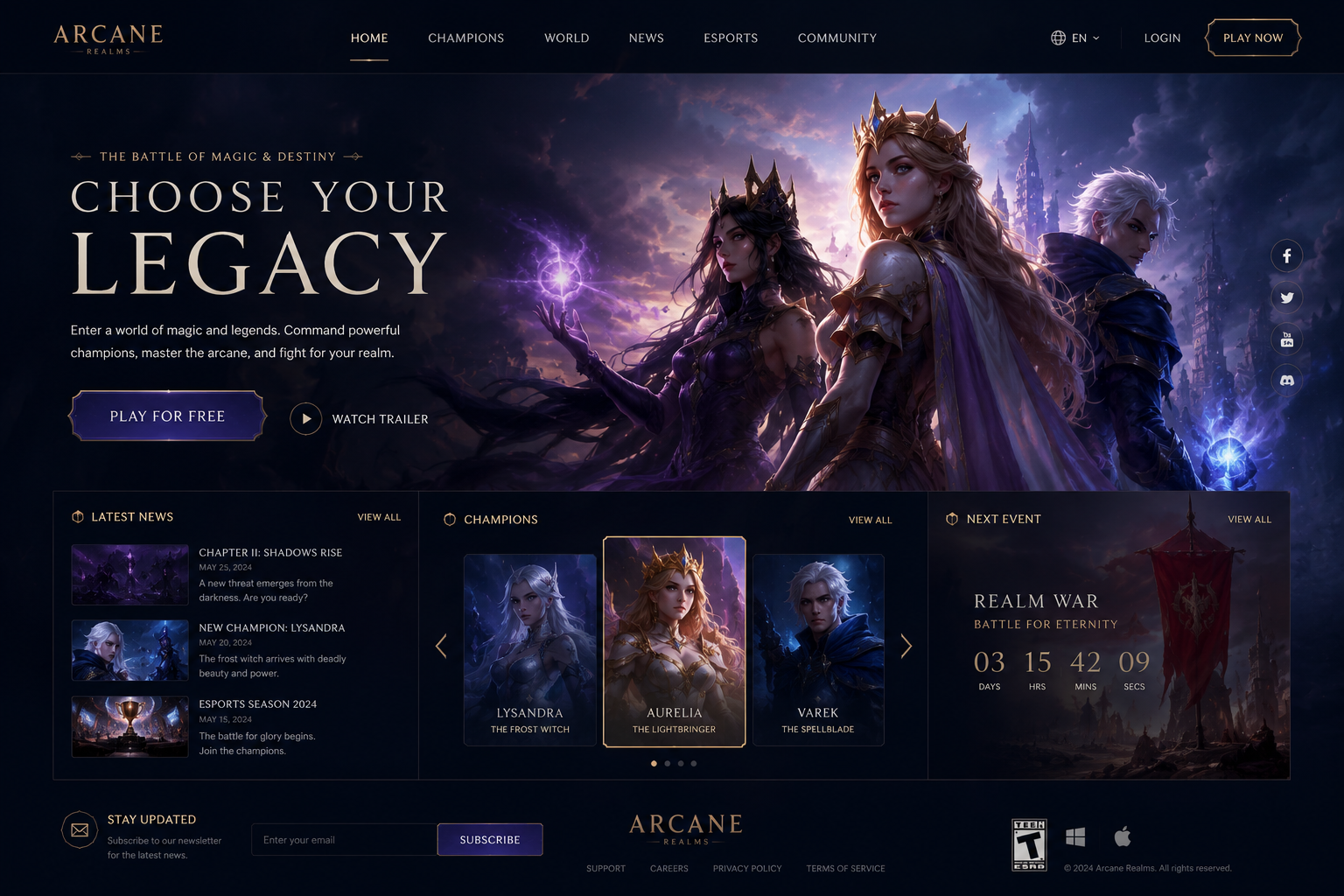 Arcane Realms — Fantasy Game Website Design