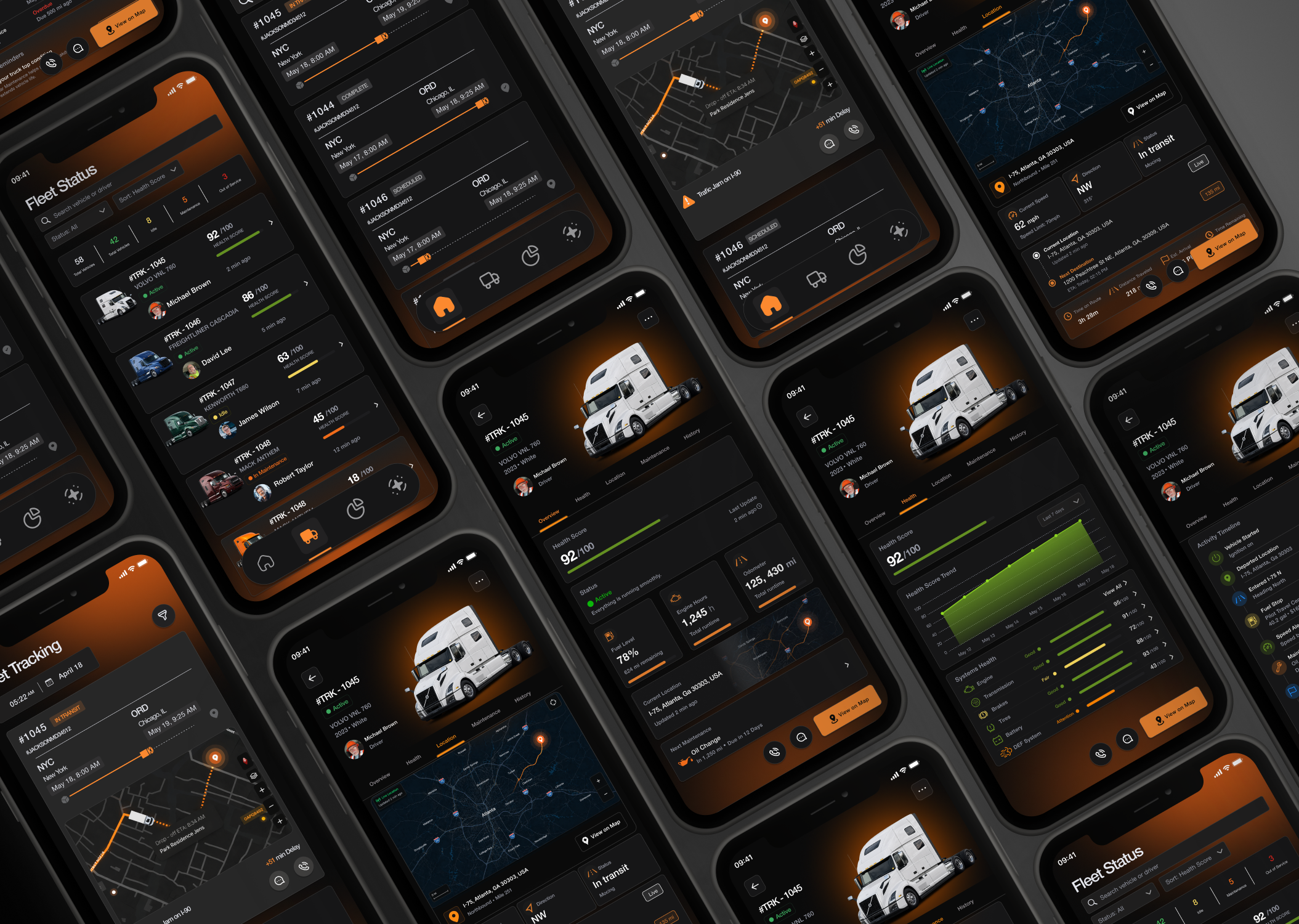 AI Fleet Tracking Mobile App, B2B, Supply Chain ai route automisation app app design automation b2b dark mobile ui fleet management app gps interface live vehicle tracking logistics mobile app modern app ui neo industrial ui saas service supply chain supply chain dashboard telemetry ui ui web3 ui