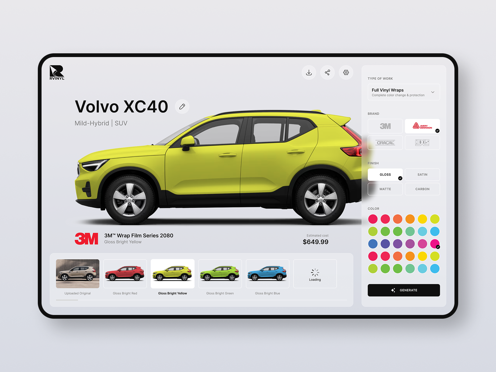 GUI for a car wrap visualizer calculator car wrapping dashboard graphic design ui visualization
