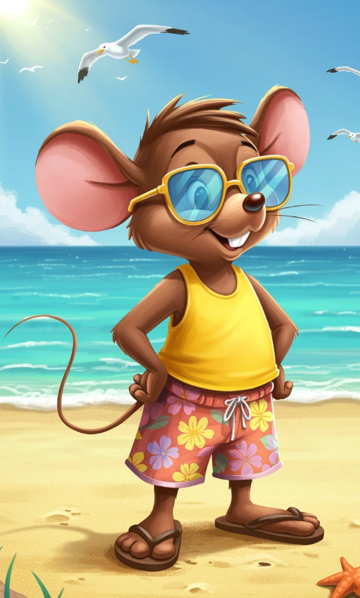 Sunny Beach Mouse animal character illustration beach illustration cartoon character design character storytelling children book illustrator childrens book character childrens book illustration childrens story art colorful kids illustration cute animal illustration digital illustration dribbble illustration expressive character art kids book art mouse character design picture book illustration seaside adventure storybook illustration summer illustration whimsical illustration