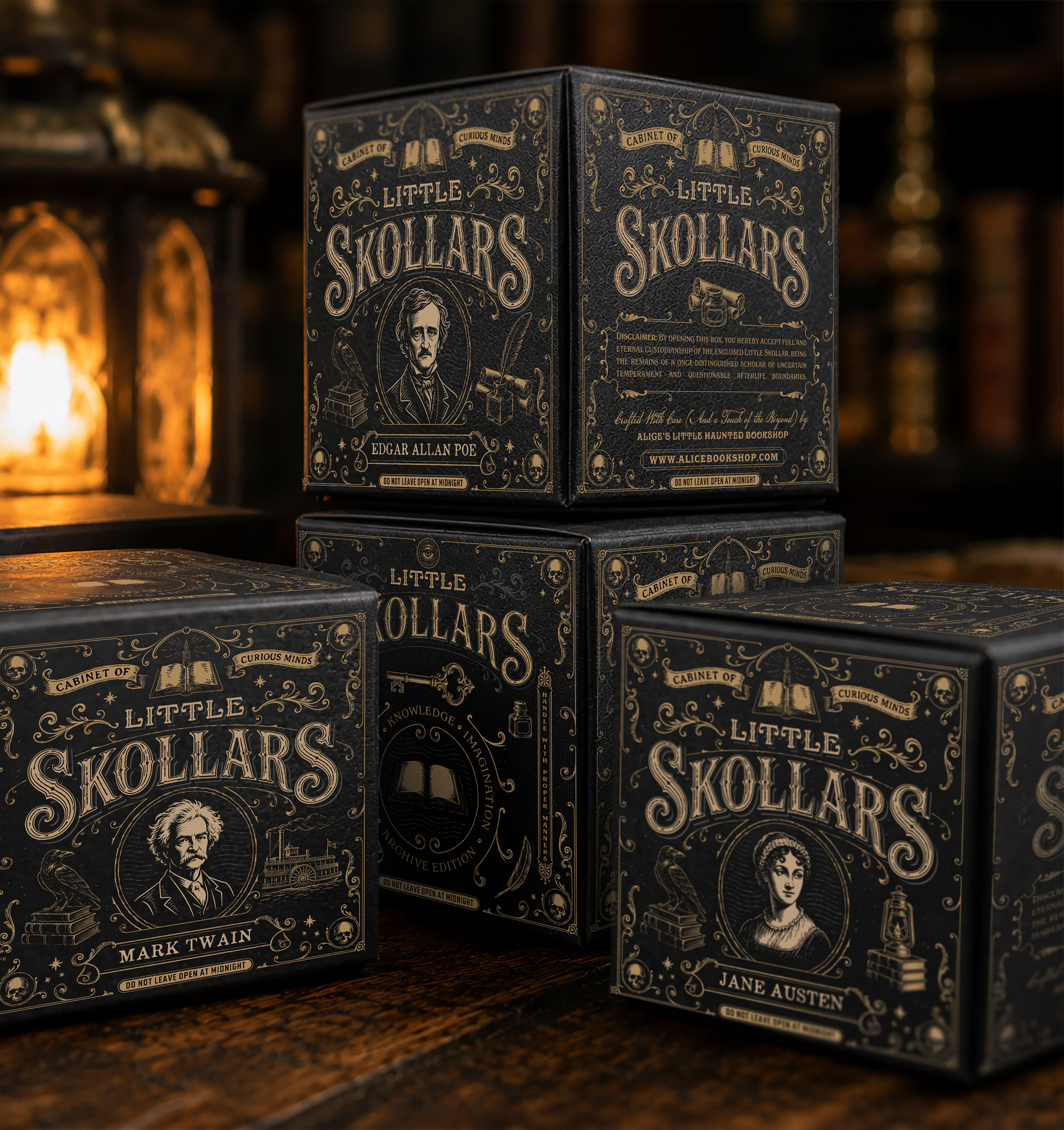 Little Skollars Cabinet of Curious Minds artisan bookshop box design brand identity branding design distillery gothic graphic design hand drawn handwriting design illustration jane austen label design logo design mark twain vintage vintage artwork vintage illustration writers
