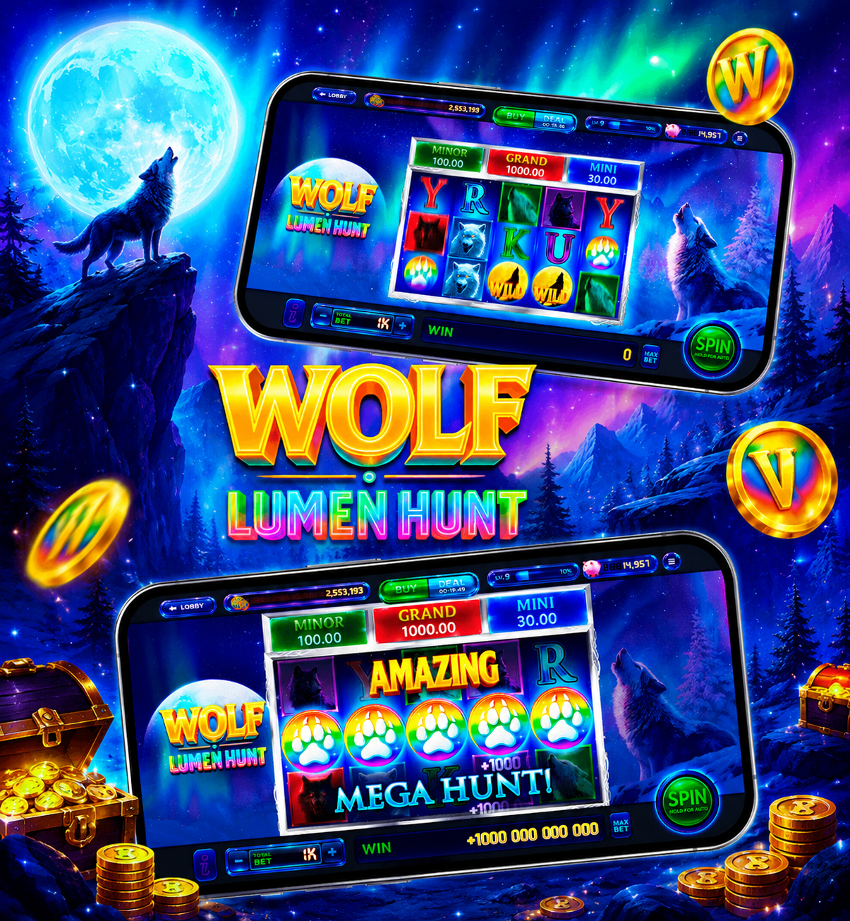 MOBILE GAME WOLF LUMEN HUNT game graphic design igaming mobile game slot ui