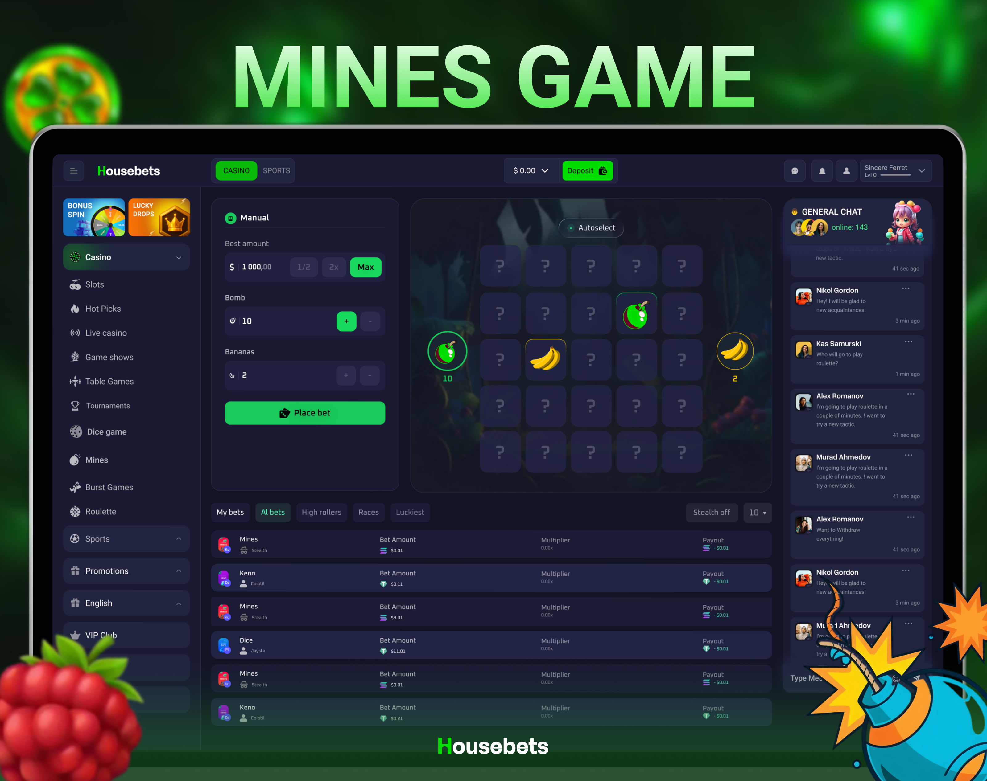 Example of Mines Game Casino Dashboard UI Design