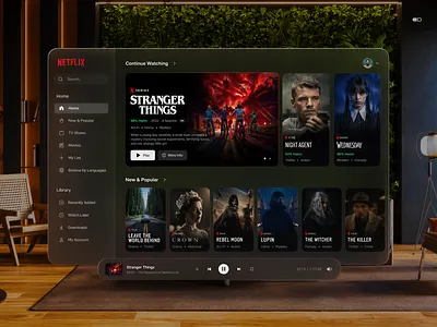Netflix Vision Pro Concept Design apple vision pro cinematic ui design entertainment app futuristic dashboard glassmorphism ui media streaming ui movie dashboard netflix redesign netflix ui ott platform ui product design smart tv ui streaming app design ui ui ux design user experience ux vision pro ui web app design
