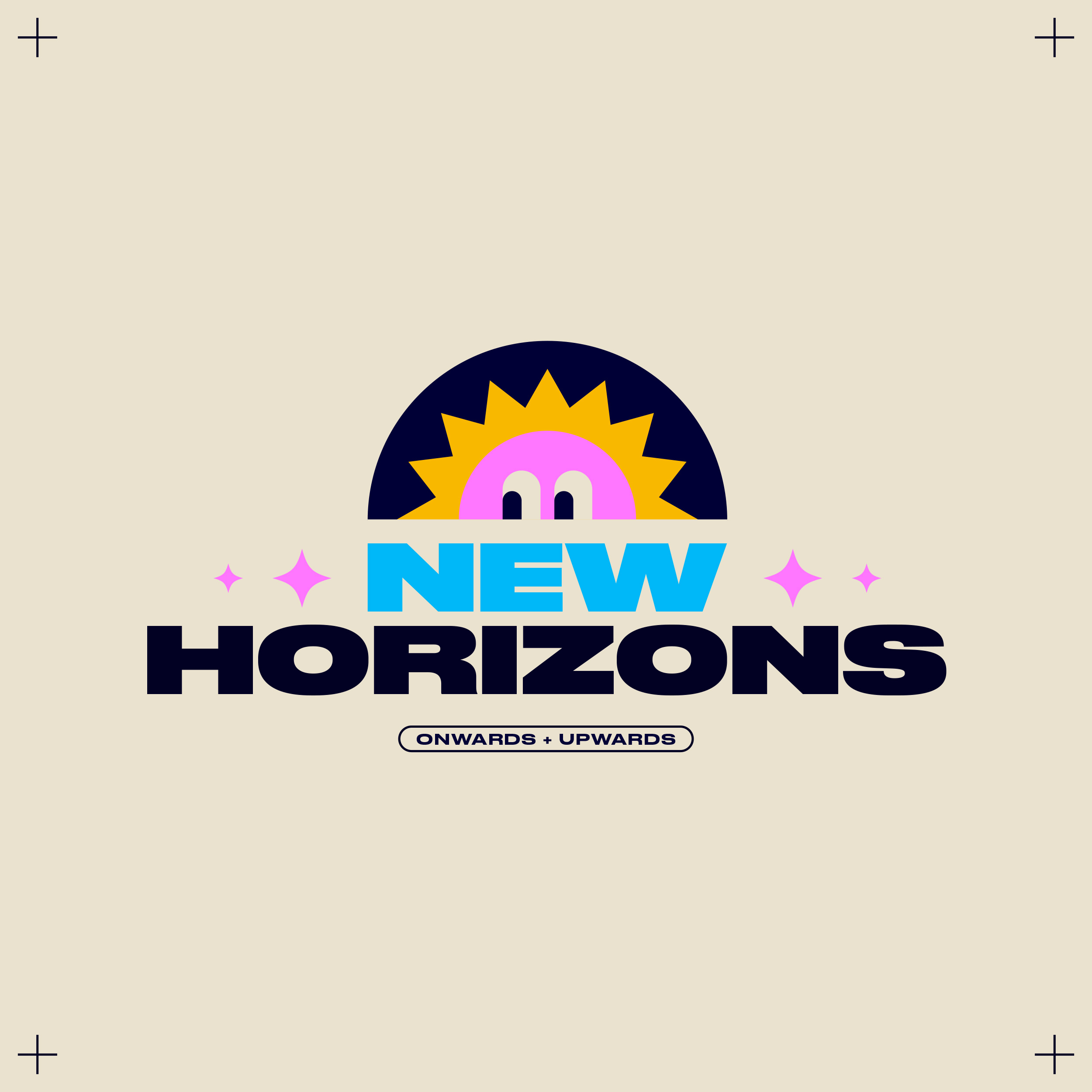 New Horizons black font blocks blue bright colourful cute flat design horizon illustration logo design minimal onwards pencil pink positive squares sun typography vector yellow