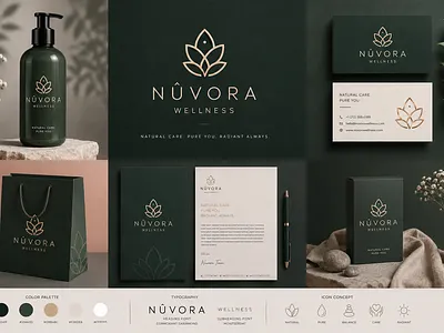 Nûvora Wellness - Minimalist Brand Identity Design brand identity branding business card design color palette corporate identity cosmetic branding graphic design logo design luxury branding minimalist logo skincare packaging stationary mockup typography visual identity wellness brand