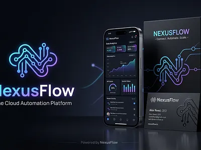 NexusFlow - Premium SaaS & Cloud Identity Branding business card design cloud computing corporate design dark luxury aesthetic dashboard ui futuristic logo graphic design mobile interface mockup presentation modern startup premium packaging saas branding tech logo visual identity