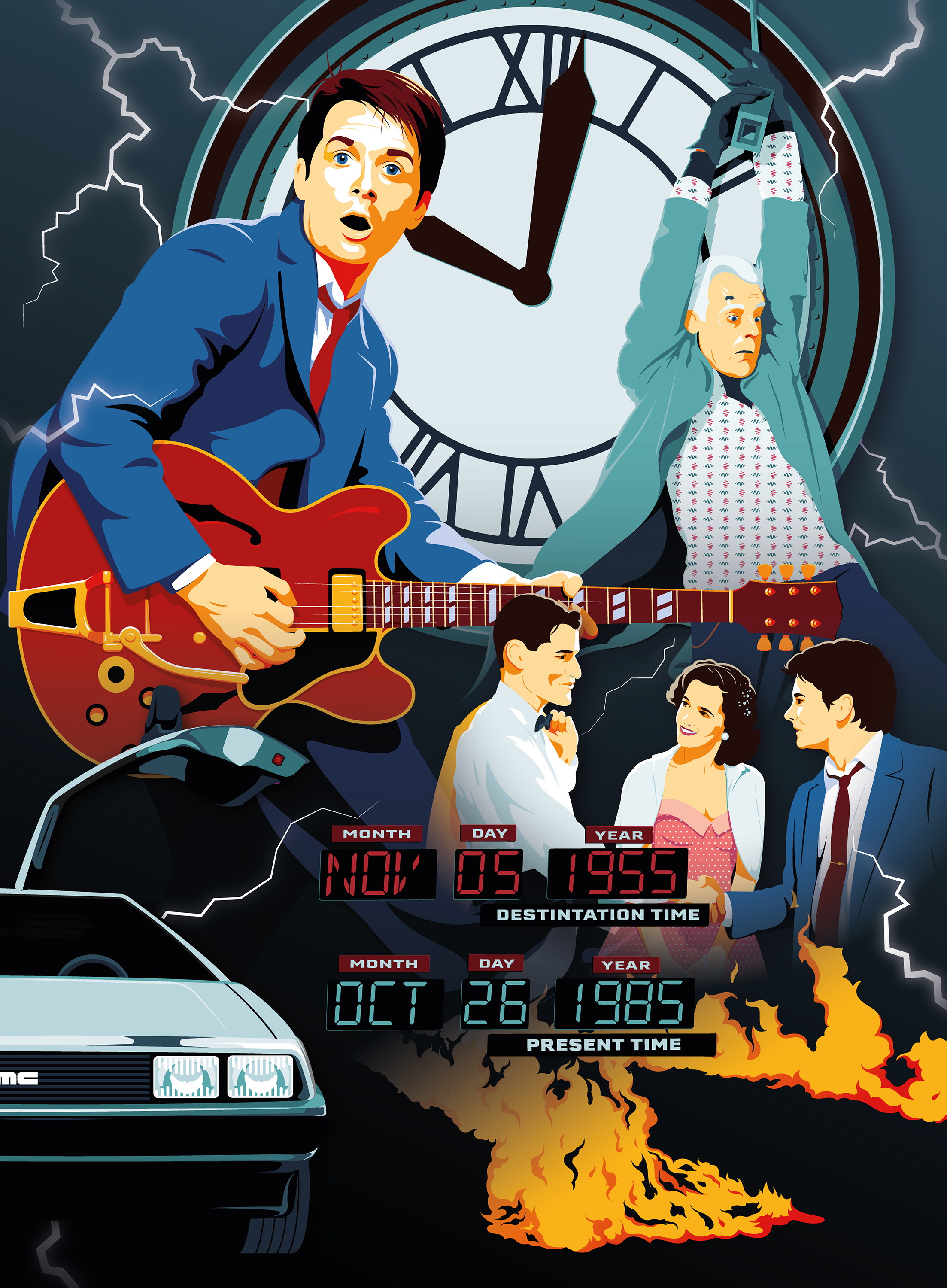 Back to the Future Poster adobe illustrator back to the future contrast daily art flat design illustration michael j fox movie poster nbc universal portrait poster series poster stylized time travel vector vector illustration