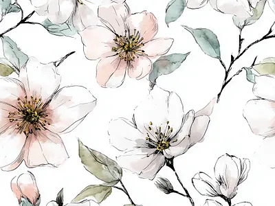 Elegant White Watercolor Floral Pattern with Soft Leaves background blossom botanical cloth design fabric floral flower flowers garden illustration nature pattern petals repeat seamles textile wallpaper watercolor white