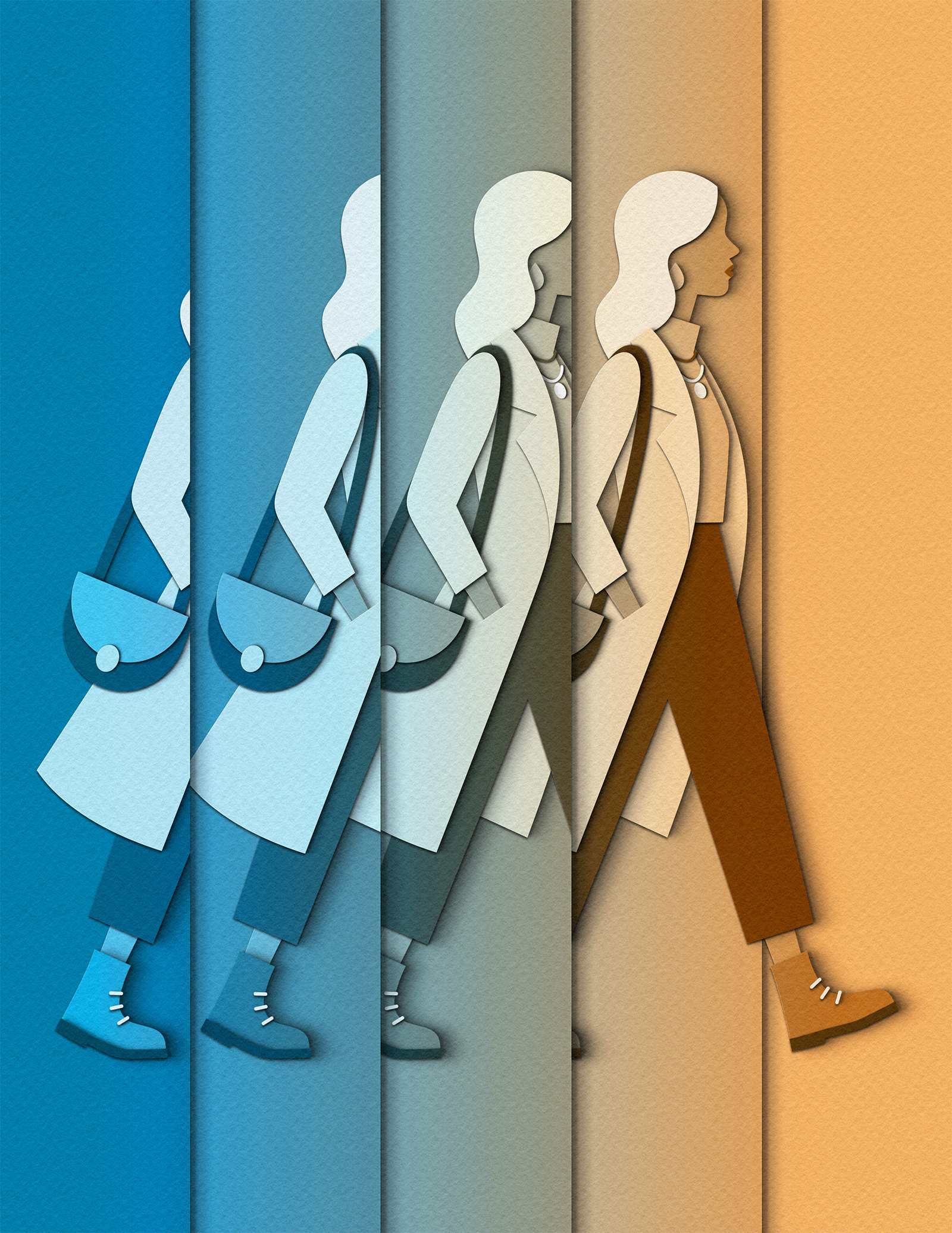 Layers - Into the Light adhd audhd autism design diagnosis editorial emotions illustration layers light mental health movement neurodivergence neurodiversity paper craft papercut people psychology walking woman