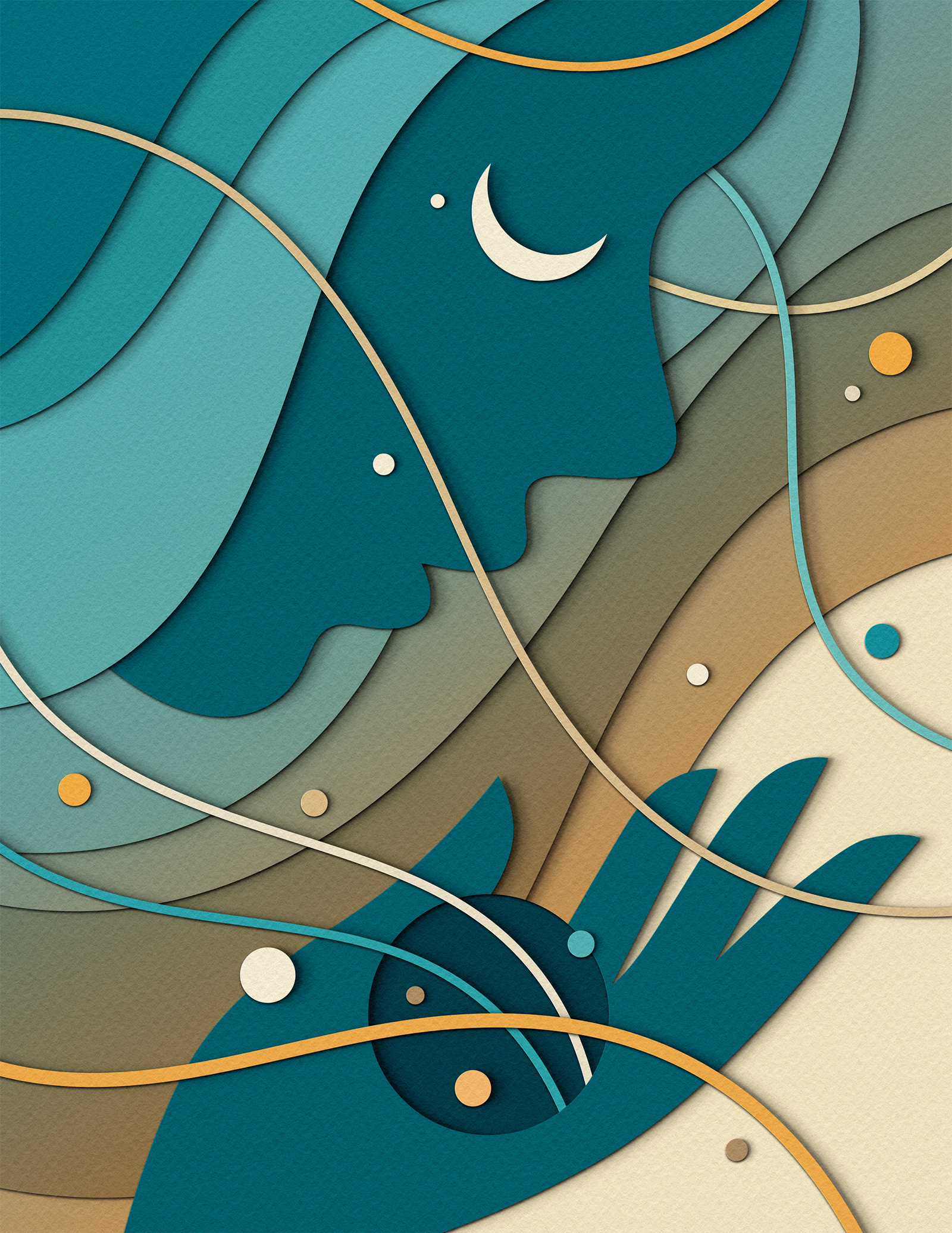 Layers - Black Hole adhd attention audhd autism black hole design editorial emotions hyperfocus illustration mental health moon night paper craft papercut people profile psychology space woman