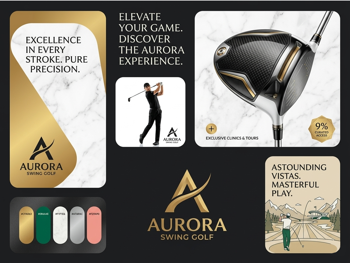 Aurora Swing Golf — Luxury Brand Identity & Visual System apparel design brand identity branding concept clothing brand gold logo golf branding graphic design logo luxury logo minimalist logo monogram presentation streetwear luxury typography ui design vector illustration visual system