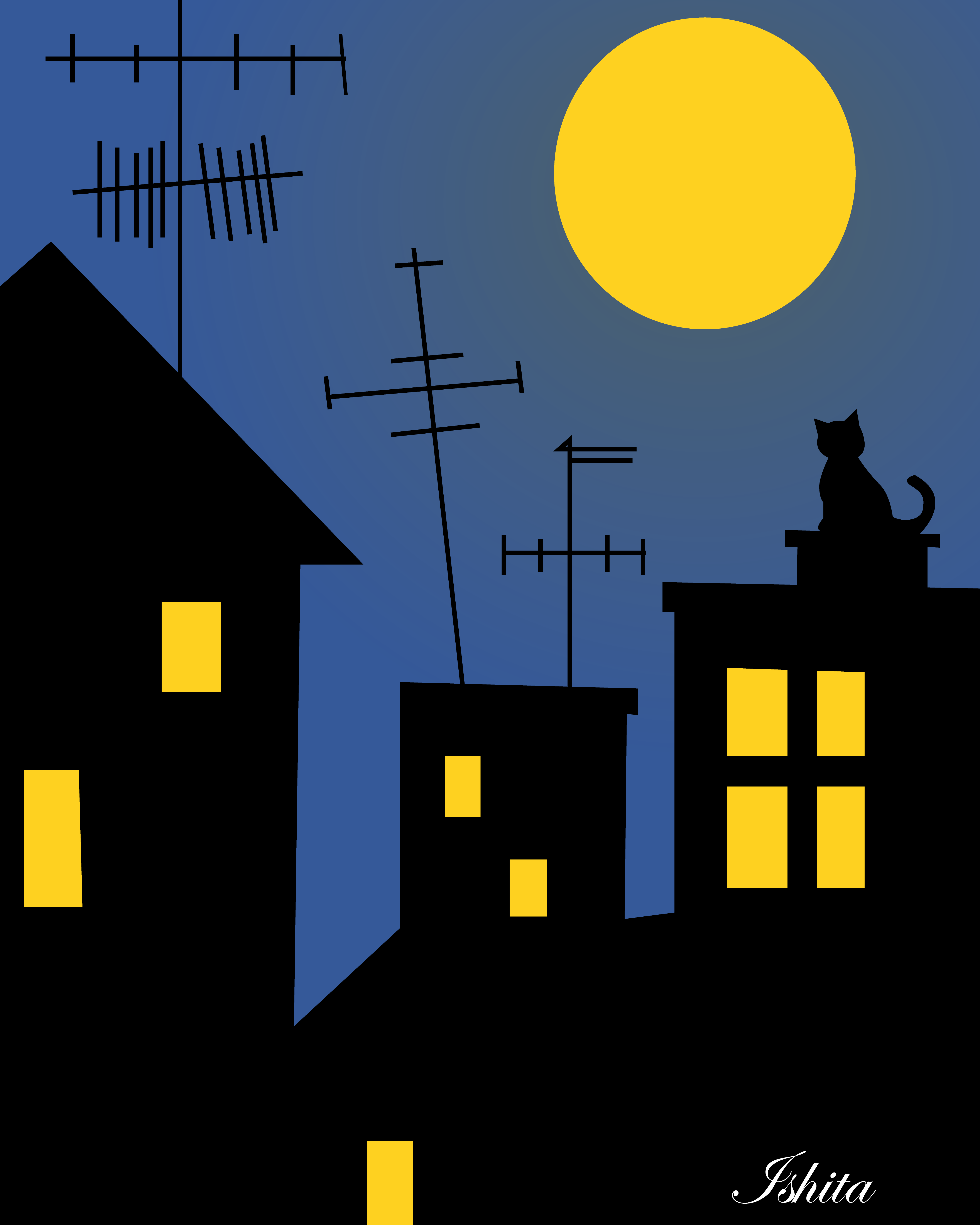 Rooftop night scene with a cat design graphic design illustration vector