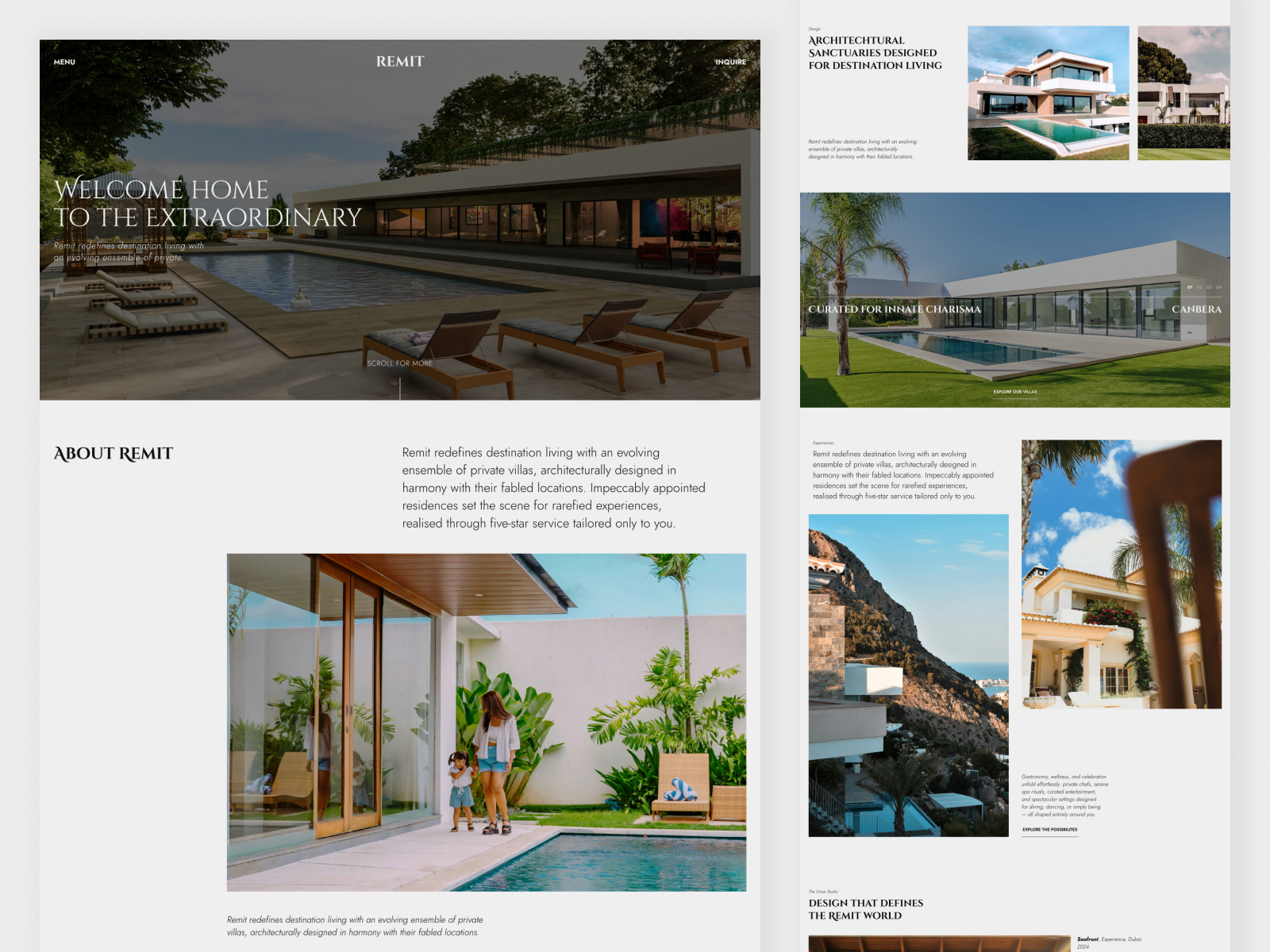 Remit Luxury Villa - Real Estate/Destination Website architech website elegant website framer framer design framer development hero section landing page design luxury villa website minimalist website real estate website studio website web design web development webflow design webflow development website layout