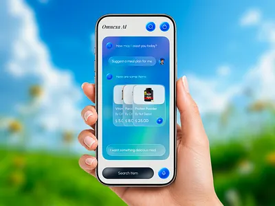 Omnexa AI — Shopping Assistant Mobile App ai app ai assistant ai shopping chatbot ui clean ui ecommerce ui food delivery futuristic design glassmorphism interaction design mobile app mobile ui modern ui product design shopping app smart assistant ui design user experience ux design voice assistant