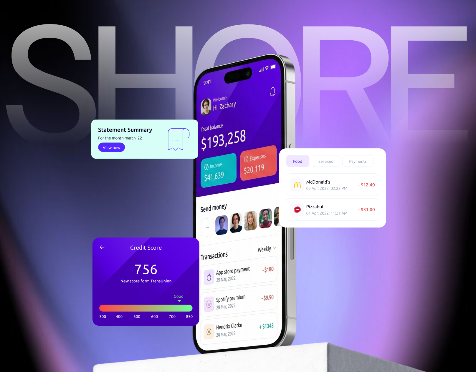 Shore — Smart Credit Score Experience app design credit score dashboard ui data visualization digital finance finance app fintech fintech app mobile app mobile ui modern ui product design ui ux