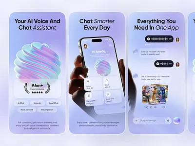 App Store Screenshot — AI Voice Chat Assistant Mobile App ai app ai assistant ai chatbot ai conversation ai voice assistant app app screenshots app showcase app store optimization app store preview app store screenshot app store screenshots design glassmorphism screenshots ui web