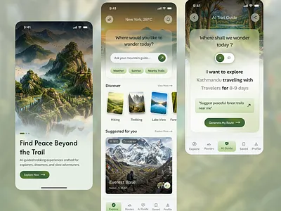 AI Powered Trekking & Hiking App UI app app design app ui forest graphic design green hiking hikink illustration mobile mobile app mobile ui nature soft travel travel app trekking ui uiux ux