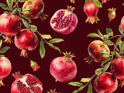Watercolor Pomegranate fruits seamless pattern autumn botanical branch endless food fruit leaf nutrition pattern pomegranate red repeat ruby seamless textile tile vegan wallpaper watercolor wrapping