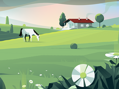House in the green paradise 2d design explainer field horse house illustration nature ourshack