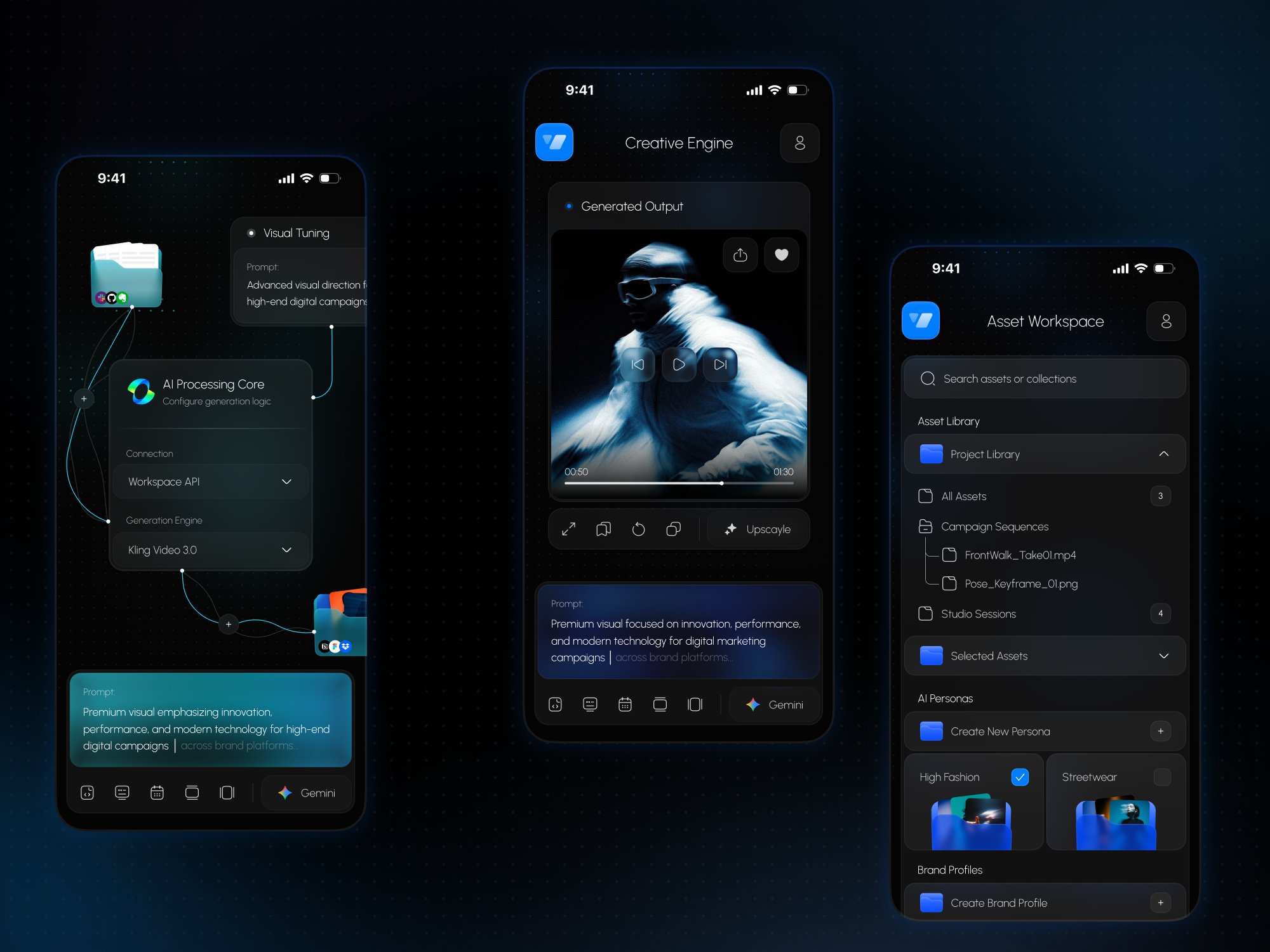 Fluxa | Mobile AI Studio & Asset Workspace ai saas uiux ai video generator app b2b saas product cloud storage interface creative automation app digital asset management ui generative ai studio low code node ui media library app mobile design system software development ui