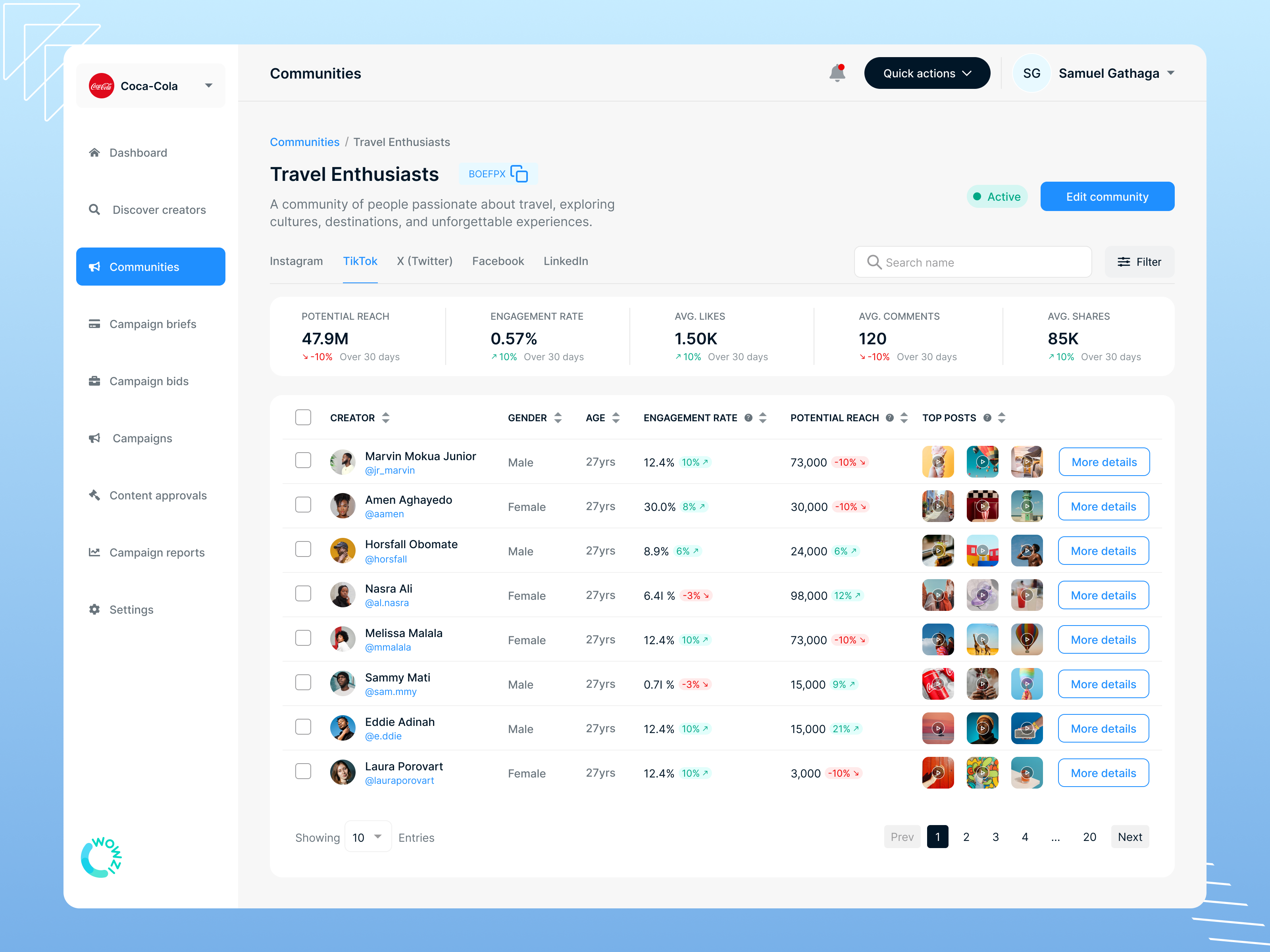 Influencer marketing platform - Communities details page