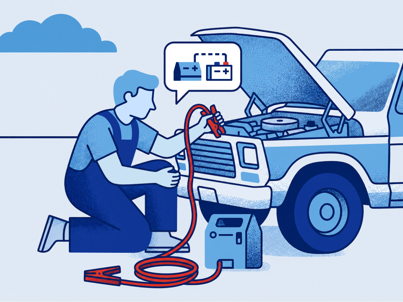 Jump Start app graphics auto service automotive ui car app car repair clean ui dual tone empty state flat vector grainy vector halftone texture help center jump start mechanic illustration onboarding illustration retro vector roadside assistance saas illustration tech illustration vector texture