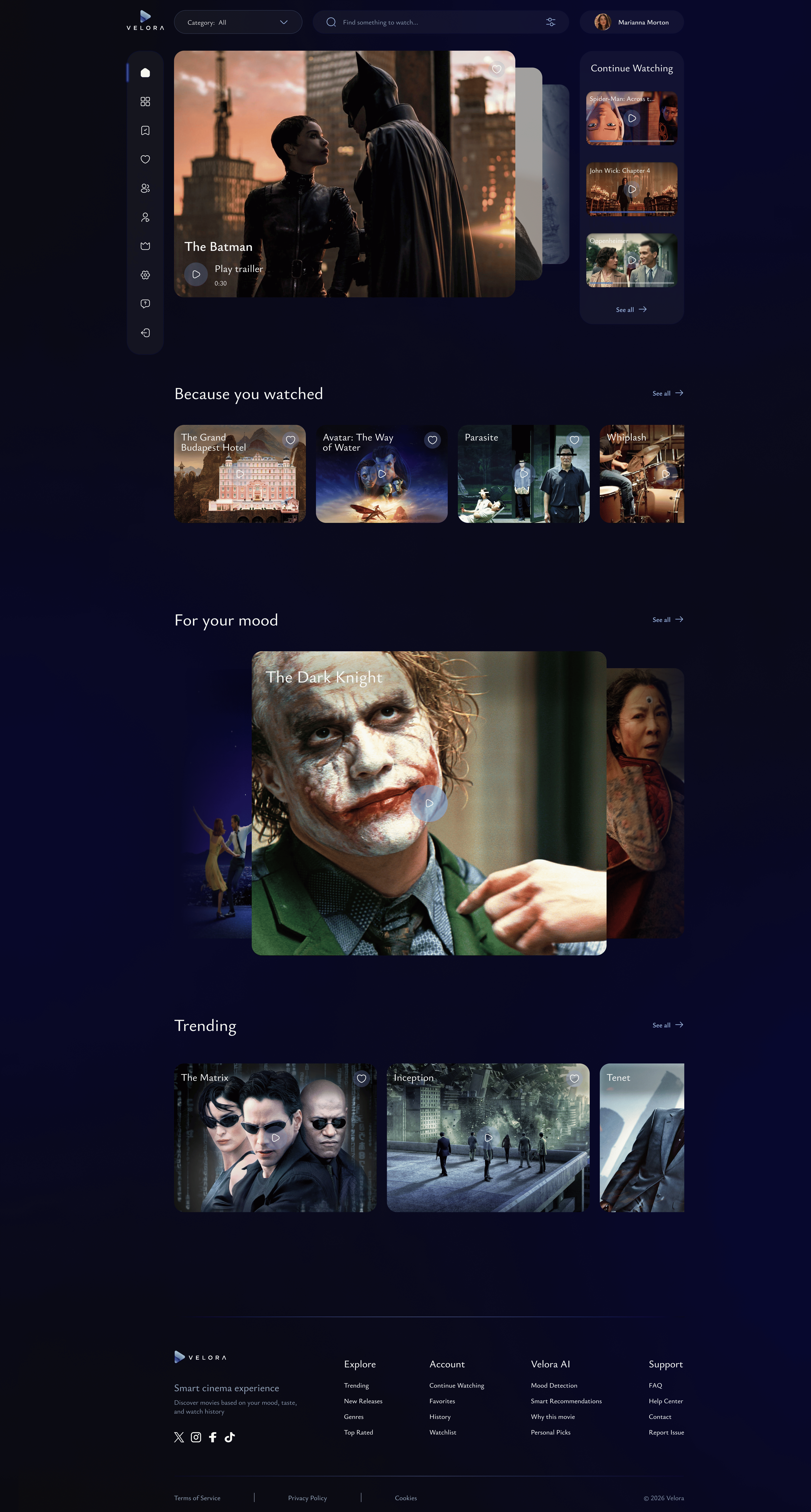 Velora – Cinema Platform animation appdesign cinema cinematic darkui design entertainment mediastreaming minimal movieapp moviedesign platforma productdesign recommendation streamingapp ui ux videoplatform visualdesign webdesign