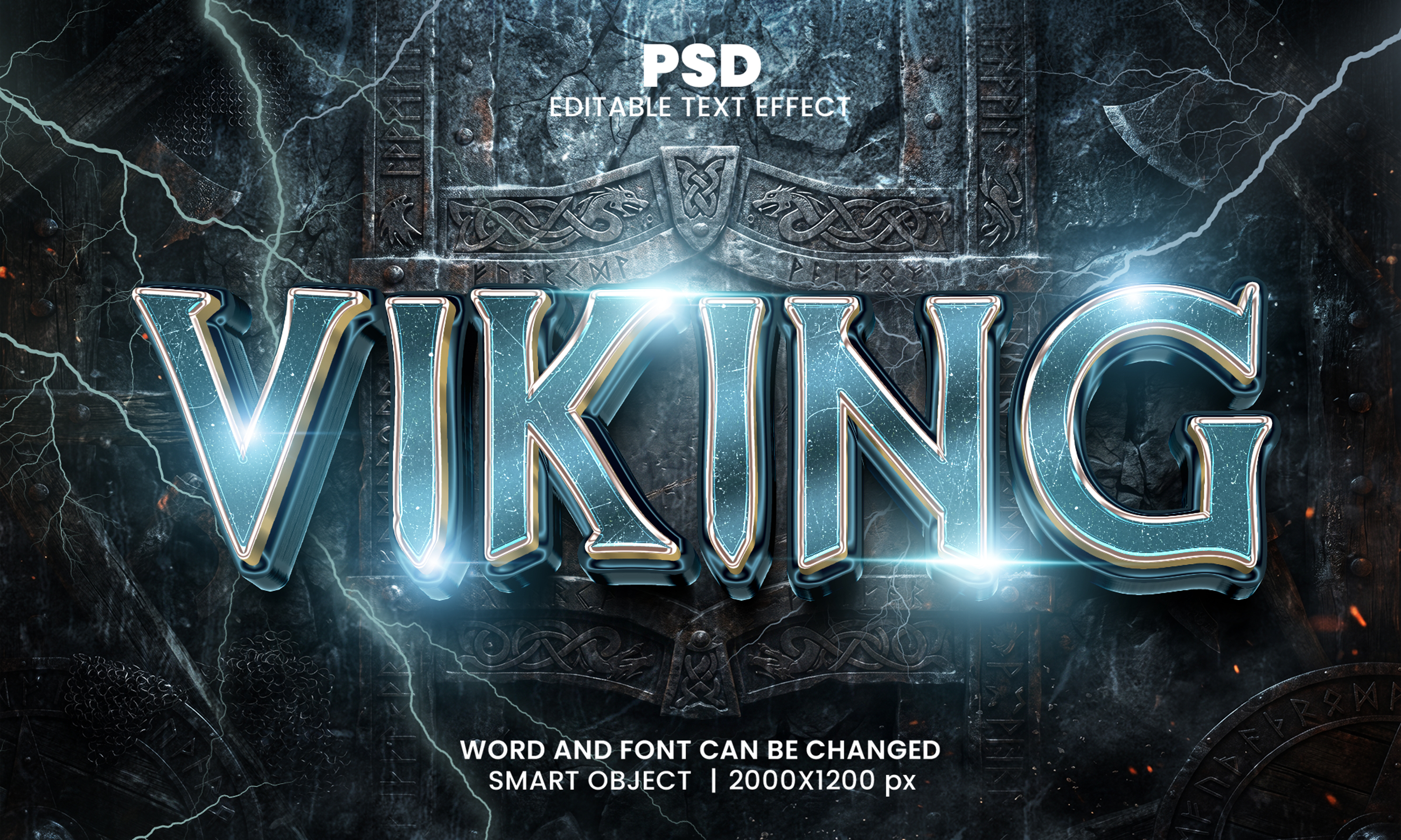 Viking Thunder Metal Movie Style 3D Text Effect PSD Template cinematic text effect dark fantasy text editable psd text editable typography template electric lightning text epic metal letters fantasy gaming font fantasy text effect game title typography glowing metal typography medieval typography mythology text effect nordic typography norse style font realistic metal font storm lightning effect thunder metal font viking logo style viking text effect warrior typography