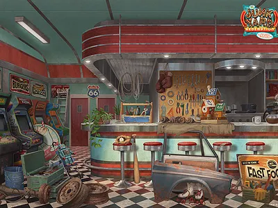 Junkyard Redemption - Old Diner Scene background digital painting drawing illustration print realistic