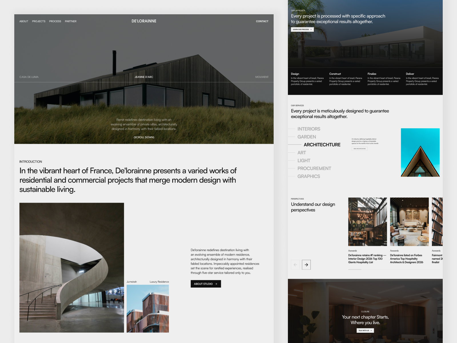 De’lorainne — Architecture & Interior Design Studio Website architech website elegant website framer framer design framer development hero section imagery interior design website minimalist website studio layout studio website ui design ux design web design web development webflow design website layout