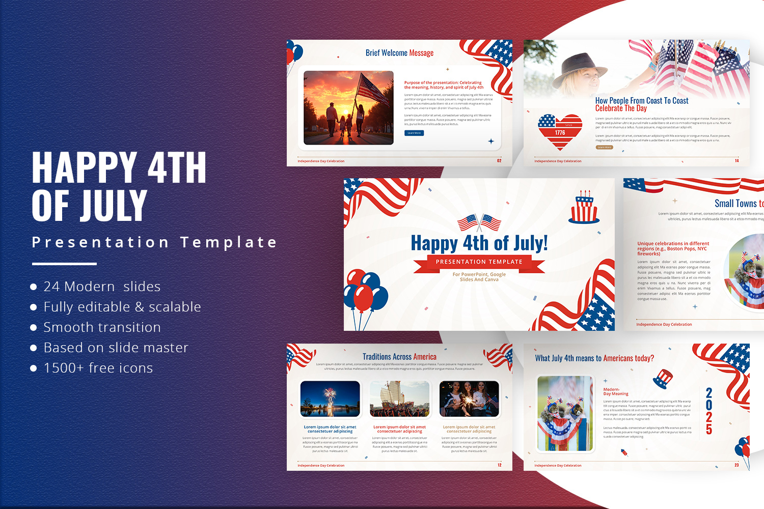 Patriotic 4th of July Presentation Template america business celebration creative design education event festival freedom googleslides holiday independence infographic marketing modern patriotic powerpoint presentation slides template