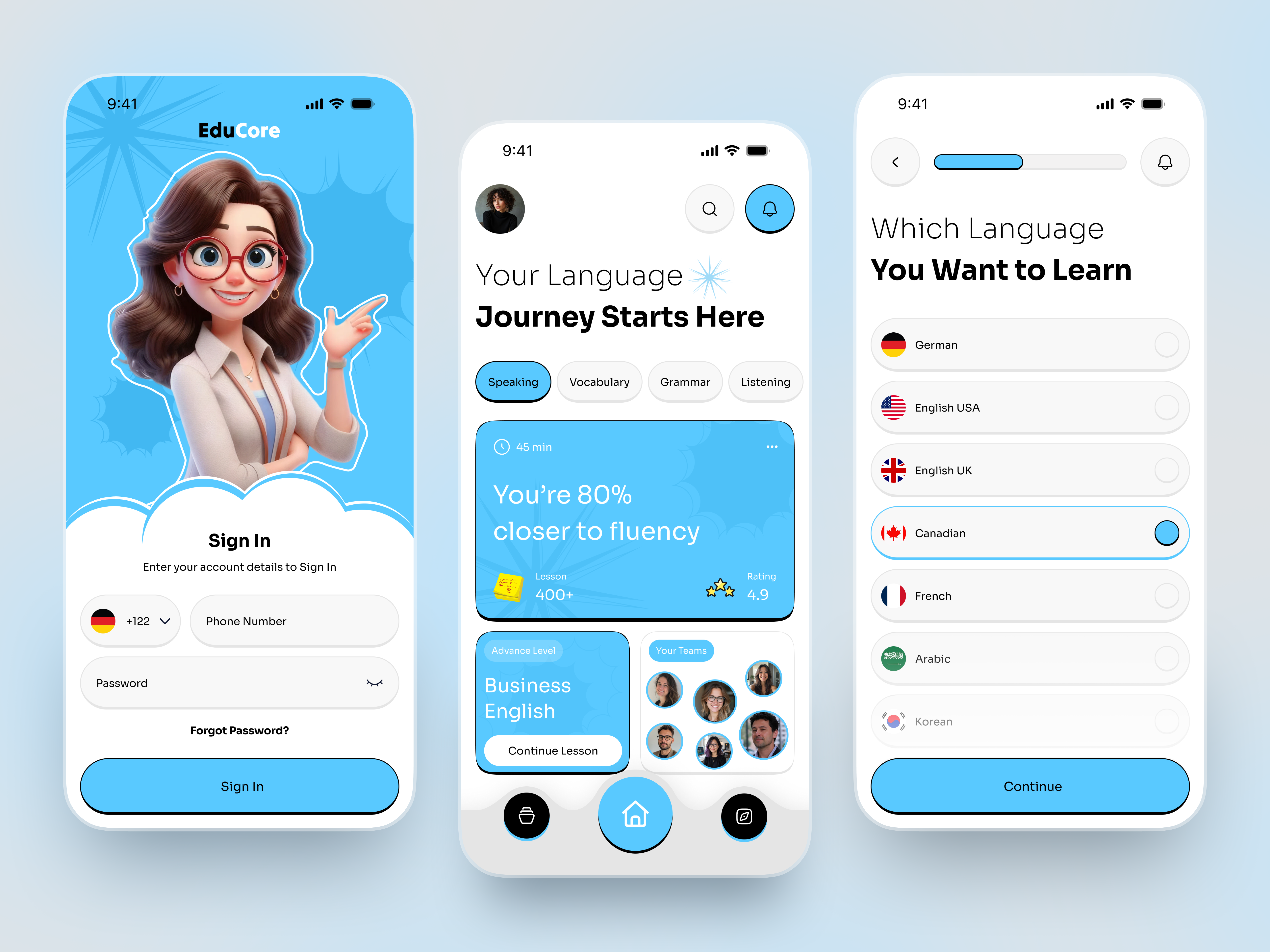 Language Learning App - Social UI / UX Mobile Design app design design digital product ed tech education mobile app language app language education language learning learning app mobile mobile ui online learning app social app study app design uiux user interface ux design web