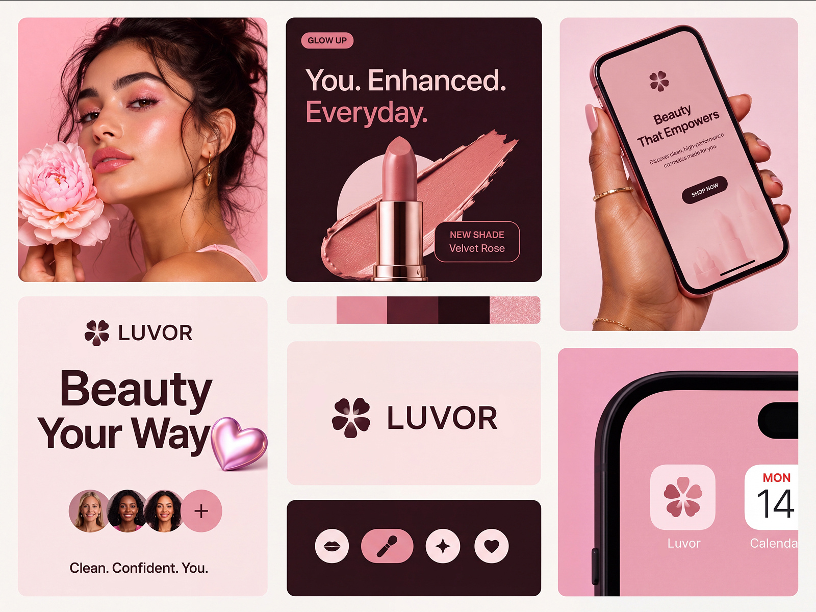 Modern Beauty Brand Identity Design Bento Style beauty bento design beauty branding beauty campaign beauty experience beauty product cosmetic packaging cosmetic ui elegant interface feminine design lifestyle branding logo branding luxury beauty makeup app mobile ui design modern branding pink ui premium identity skincare aesthetic techwitpro uiux inspiration