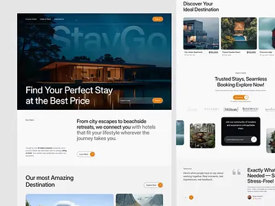StayGo - Hotel Booking Landing Page Design animation booking platform clean ui design dark ui design hero section design hotel booking ui hotel website landing page design luxury web design minimal web design product design property listing ui real estate ui saas landing page travel app design travel website ui ux design web app design web design