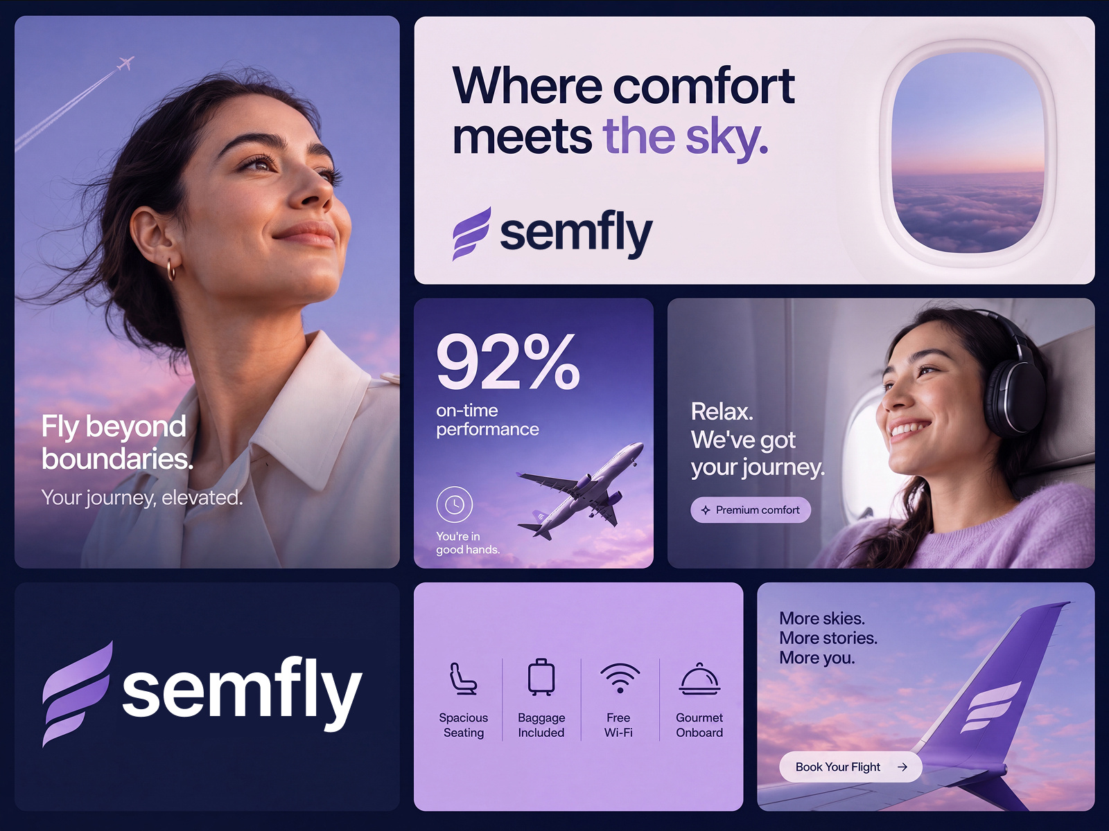 Semfly — Modern Airline Branding & Travel Experience Design airline branding airline website aviation design bento design brand identity creative direction digital branding flight booking luxury travel minimal ui modern aesthetic modern branding passenger comfort premium airline techwitpro travel campaign travel experience travel ui ui inspiration user experience