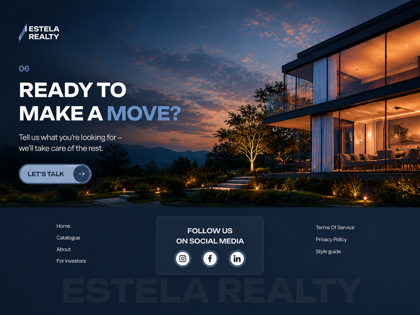 ESTELA REALTY / Closing CTA cta design estela realty figma footer design framer framer template hella fast hero design premium template real estate website ui design web design web development