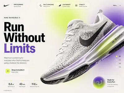 Product Landing Page — Nike Invincible 4 Concept clean e commerce fashion fitness gradient interface landing page minimal modern nike product design product page running sneaker sports typography ui ux web design website