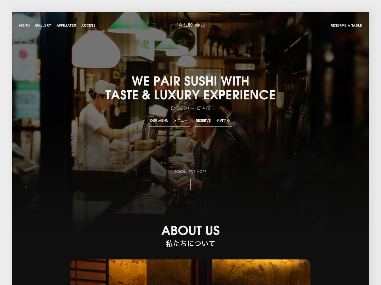 Kabuki Sushi — Japanese Dining Experience/Restaurant Website design design system fine dining website framer framer design framer development hero section landing page design luxury dining website restaurant website studio website sushi website ui design ux design web design web development webflow design webflow development website design website layout
