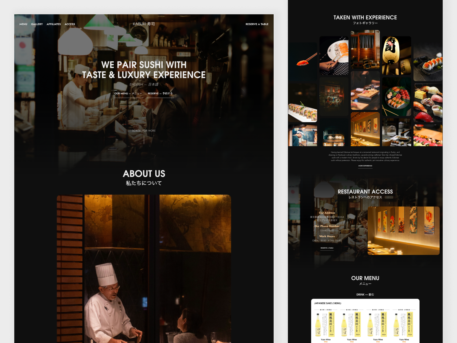 Kabuki Sushi — Japanese Dining Experience/Restaurant Website design design system fine dining website framer framer design framer development hero section landing page design luxury dining website restaurant website studio website sushi website ui design ux design web design web development webflow design webflow development website layout