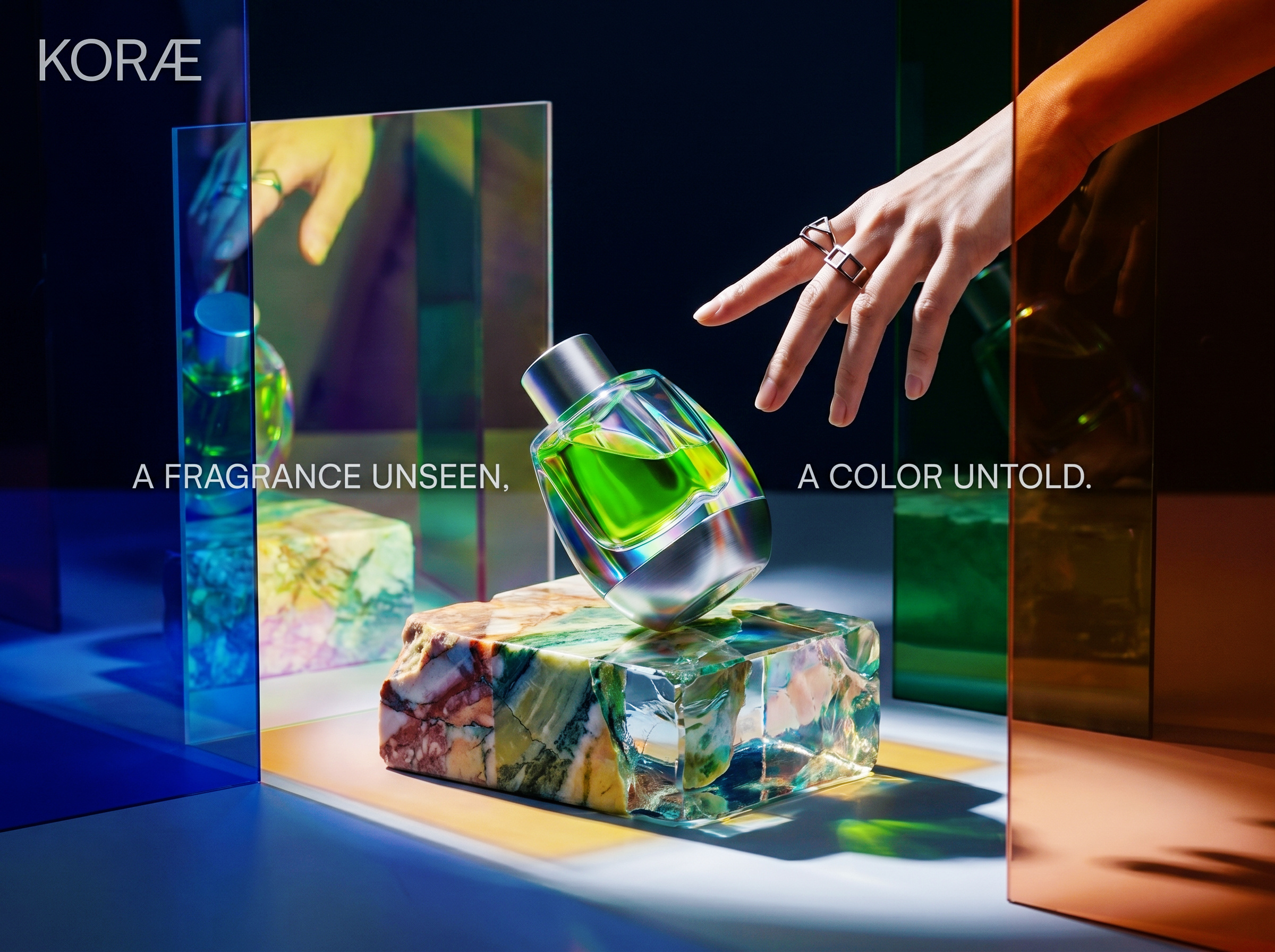 KORÆ | Cyber-Brutalist Iridescent Perfume by Up-Brands acrylic sliding box brand identity cobalt void blue colorful glass facade futuristic packaging design gallery retail space holographic cosmetics iridescent perfume bottle korae branding luxury branding luxury cosmetics identity modern luxury neon green aesthetic packaging design retail design sketches design concept tech monogram logo terracotta orange pantone up brands studio visual identity